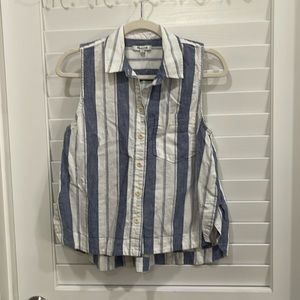 Madewell short blue/white stripe shirt with collar button front, gathered yolk